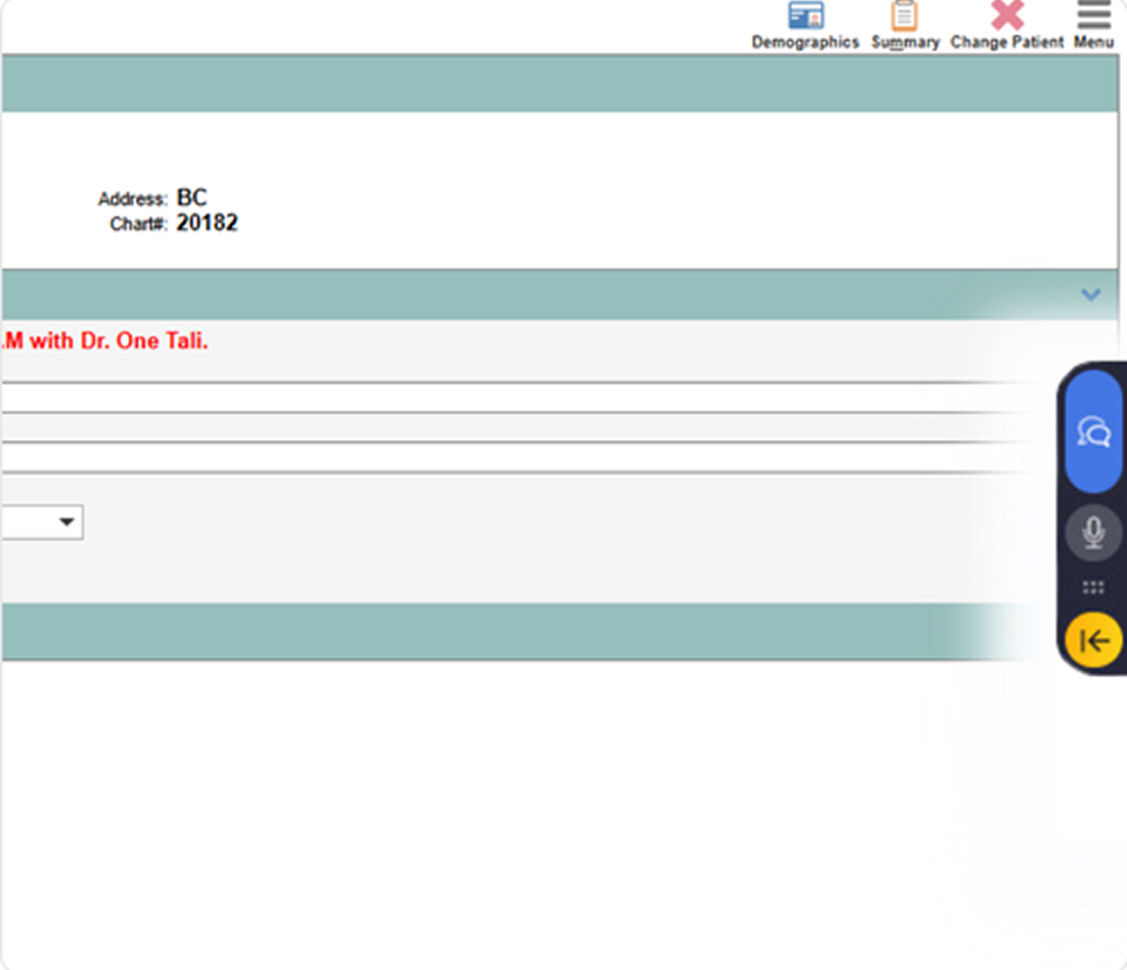 Med Access EMR patient chart with Tali widget visible on the right side toolbar