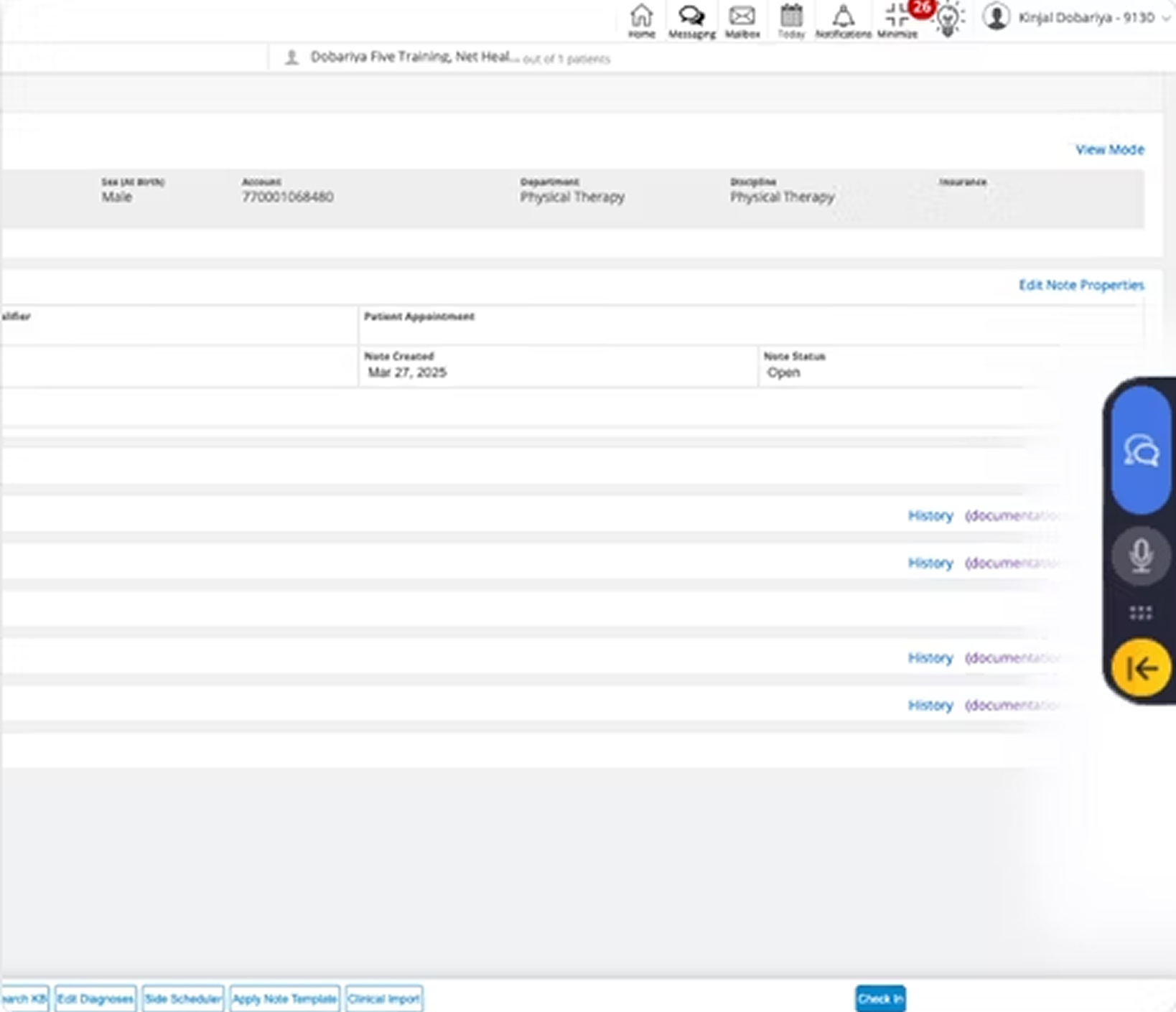 TherapySource EMR documentation screen with Tali sidebar widget for physical therapy AI scribe