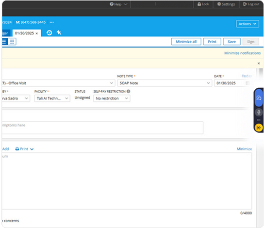 Practice Fusion EMR patient chart showing Tali Chrome extension widget ready to start a new encounter