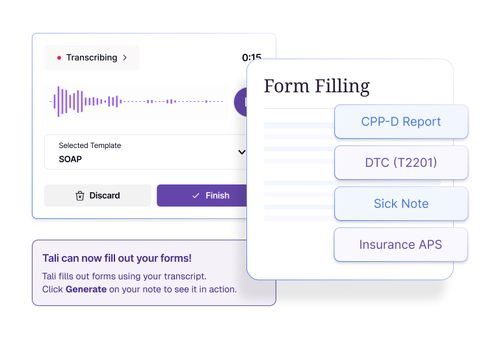 AI medical scribe filling government and insurance forms from a patient transcript