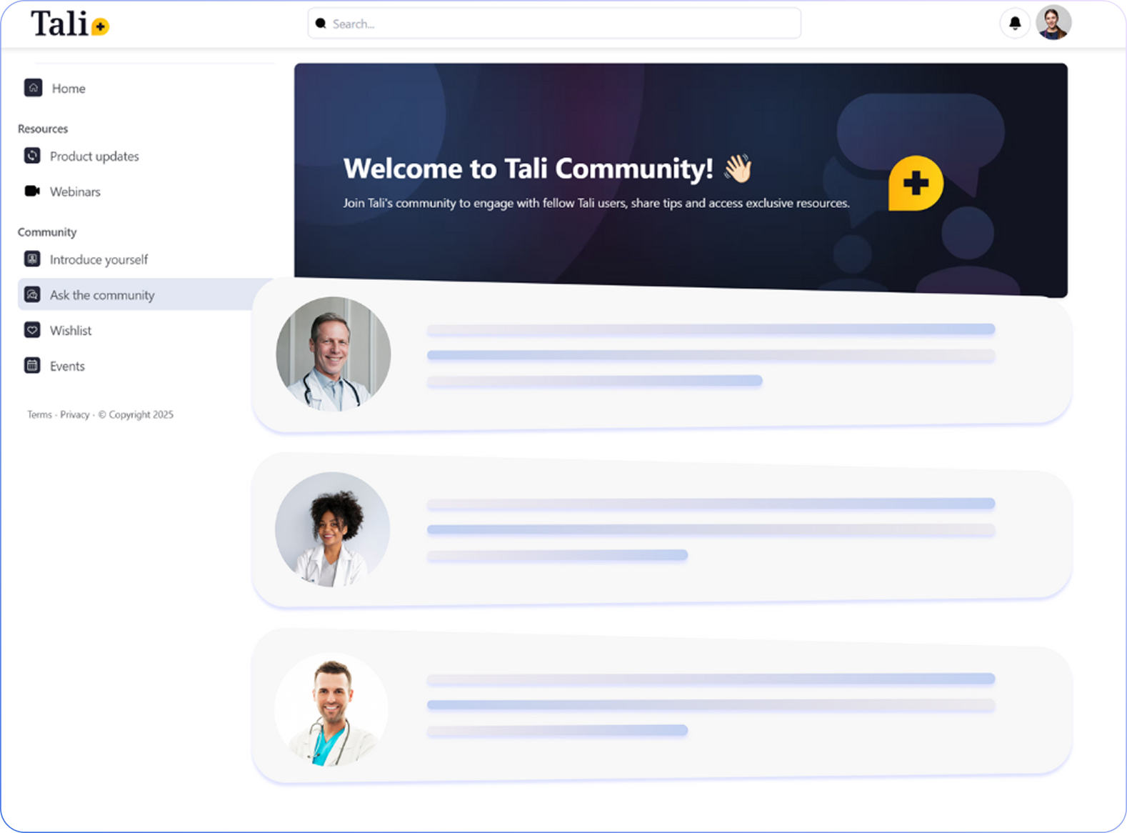 Tali community interface showing clinician profiles and discussion feed