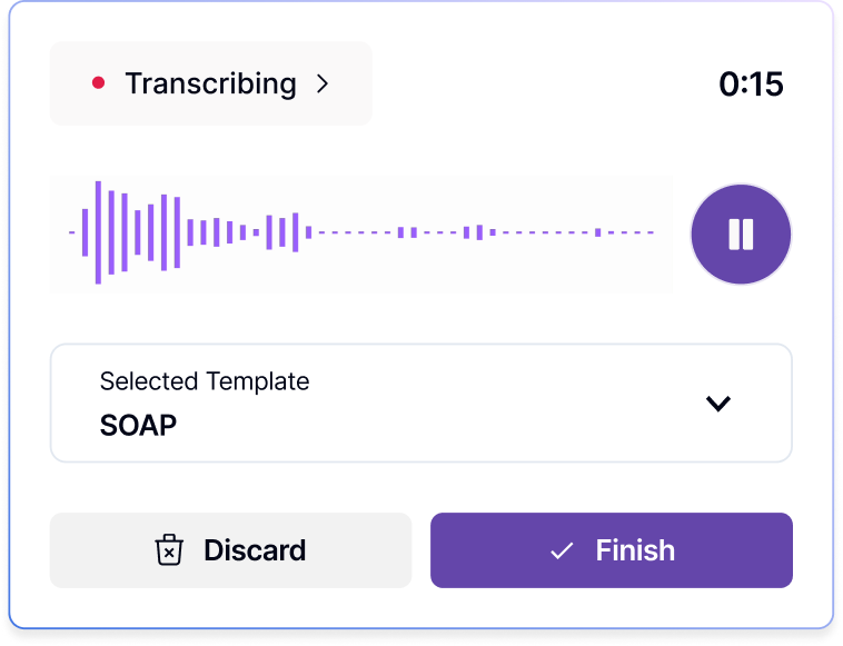 Audio transcription interface showing SOAP note template selection in progress