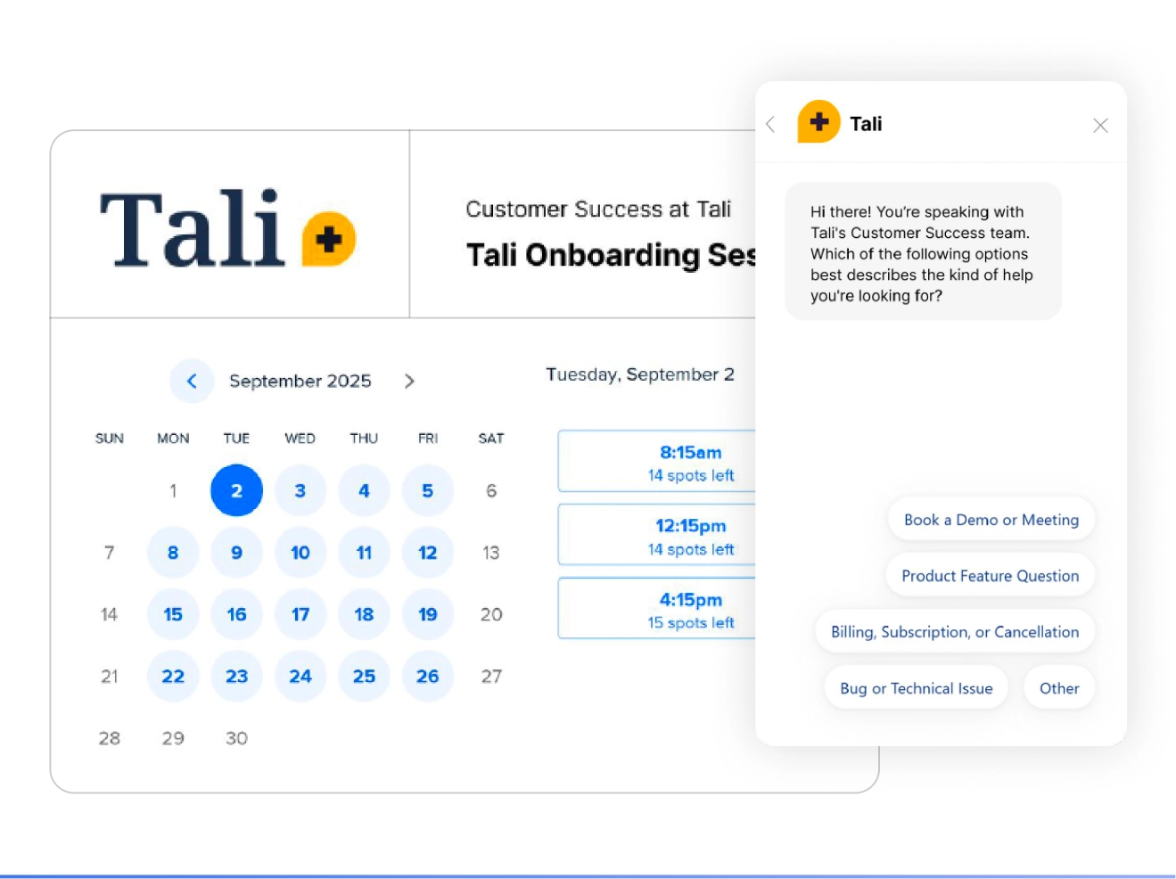 Tali customer support interface showing onboarding scheduling and live chat with the customer success team