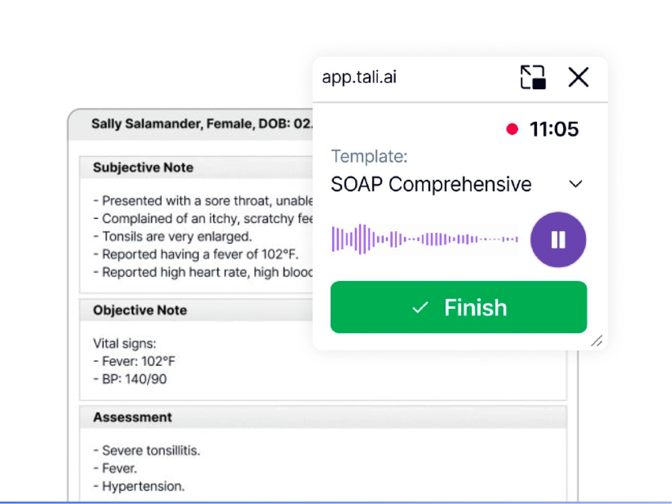 Clinical SOAP note generated by Tali and integrated directly into an electronic medical record