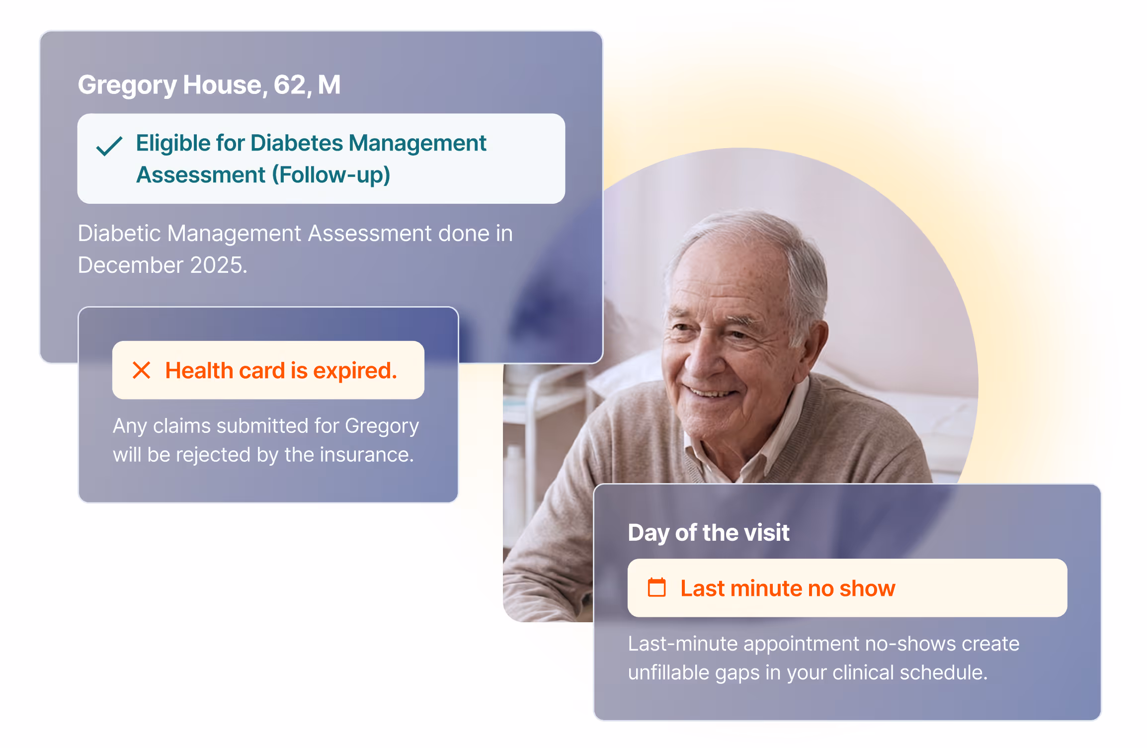 Medical billing UI showing patient eligibility alerts, expired health card notification, and last-minute no-show tracking.