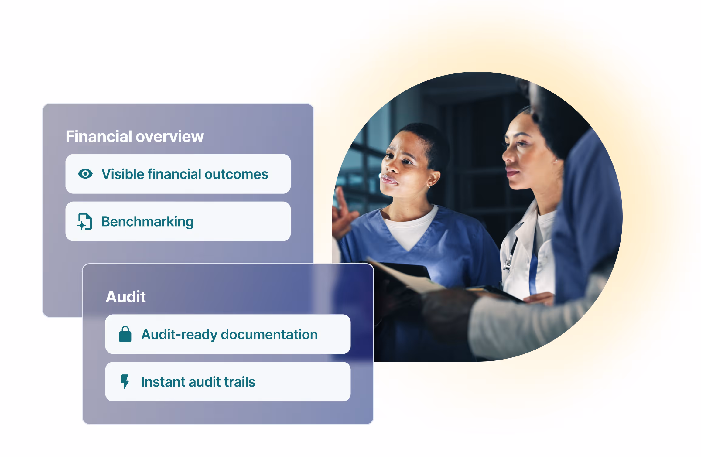 Financial overview interface for medical practices featuring revenue benchmarking and audit-ready documentation tools.