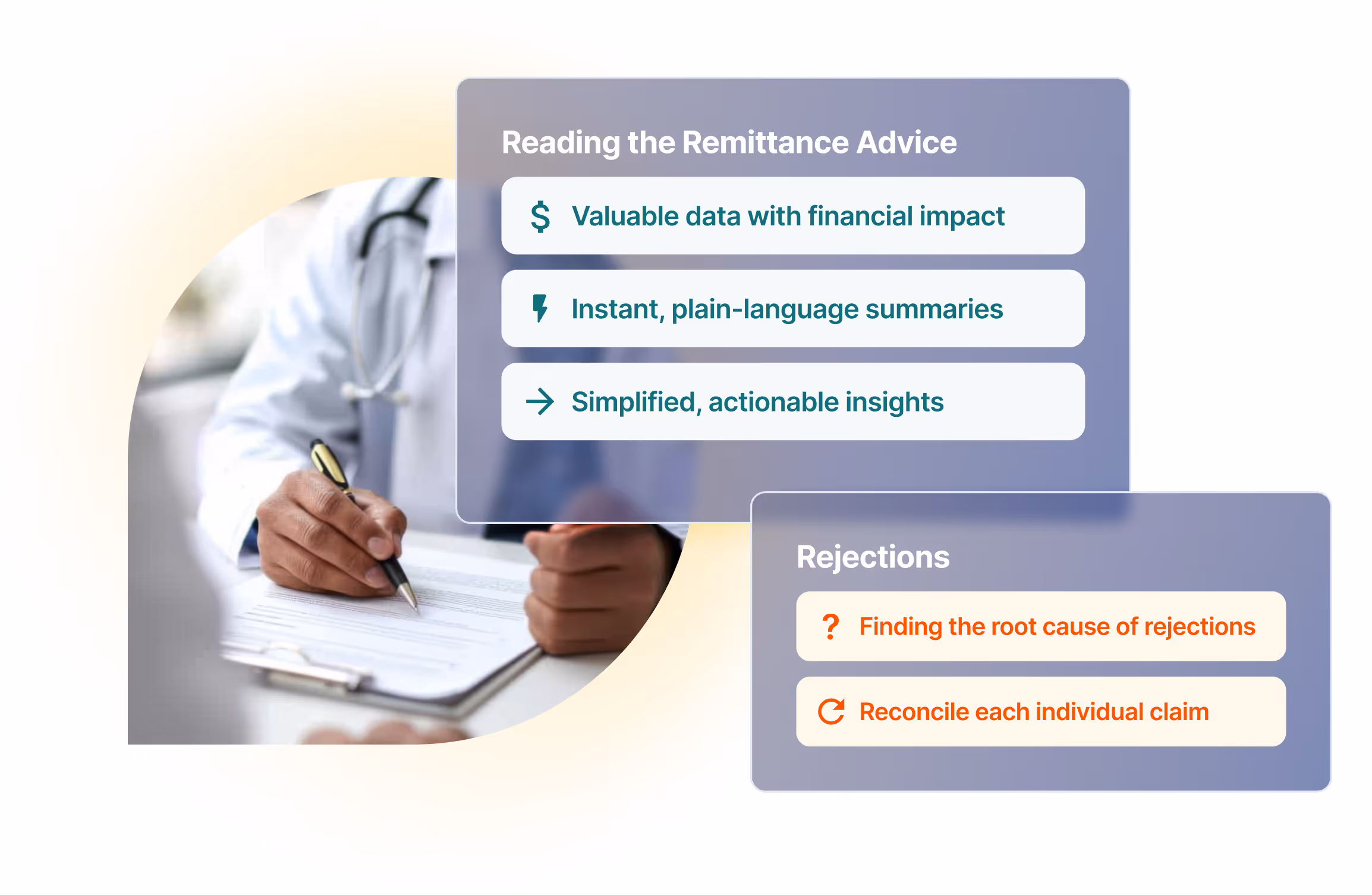 Dashboard showing automated remittance advice analysis and root-cause tracking for rejected medical insurance claims.