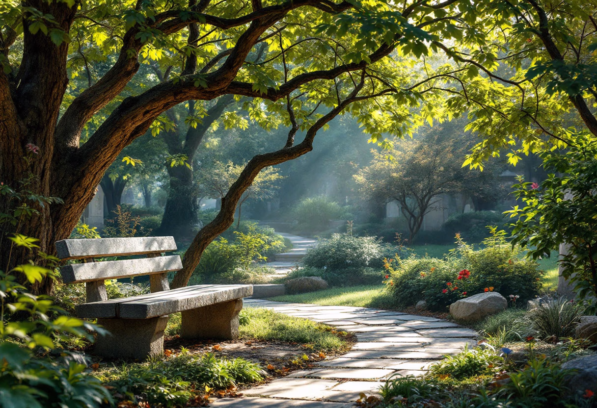 a peaceful garden scene in a cemetery with a stone bench and trees