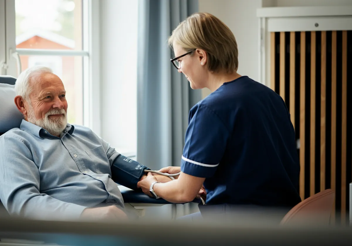 Healthcare professional in navy scrubs measuring blood pressure of a smiling elderly man seated in a chair by a window.