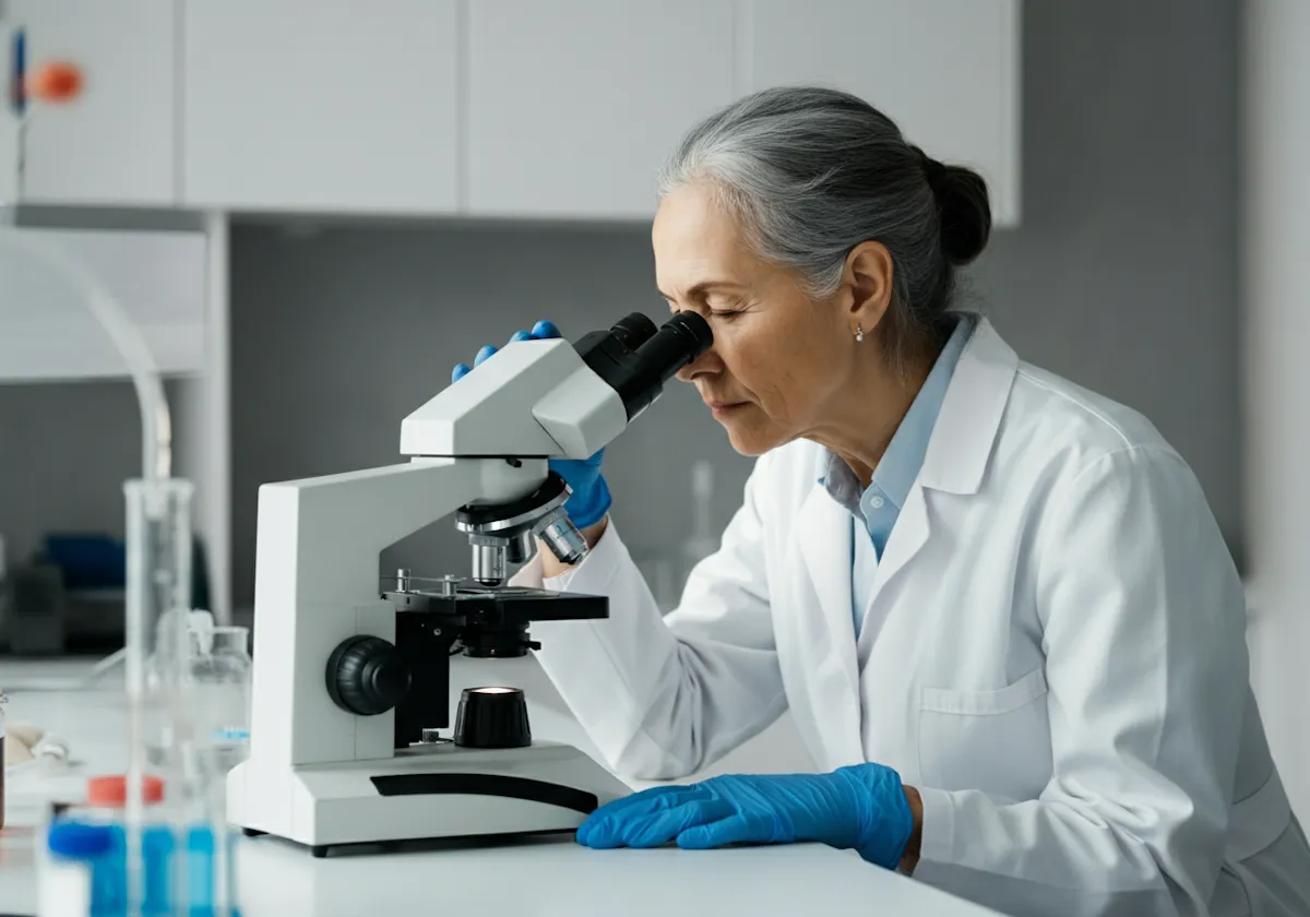 Female scientist wearing blue gloves and a white lab coat looking through a microscope in a laboratory.