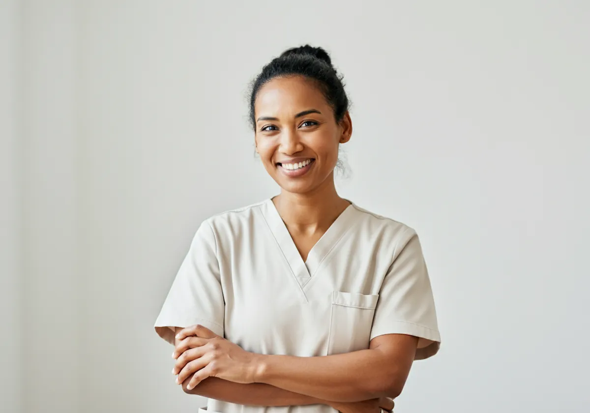 Smiling healthcare worker in beige scrubs standing with arms crossed against a light gray background.
