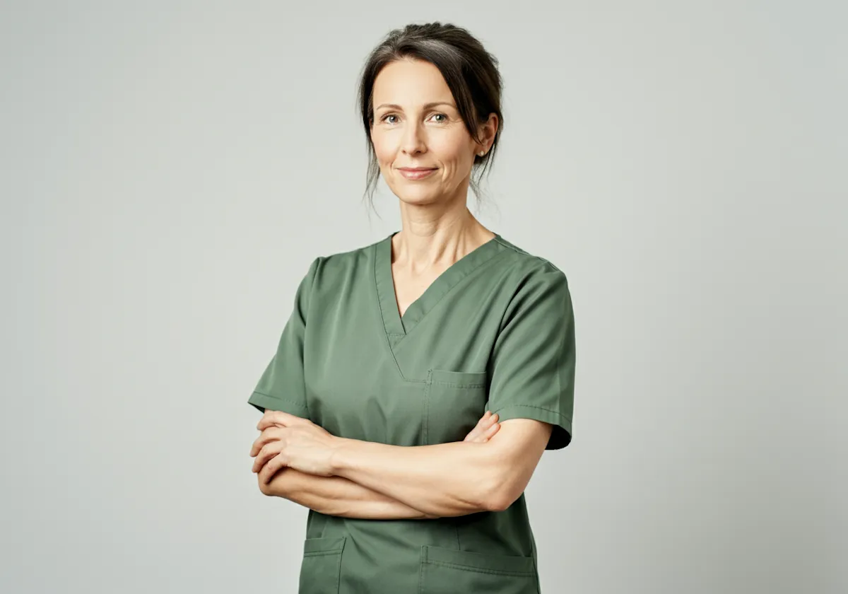 Confident female healthcare worker in green scrubs with arms crossed against gray background.