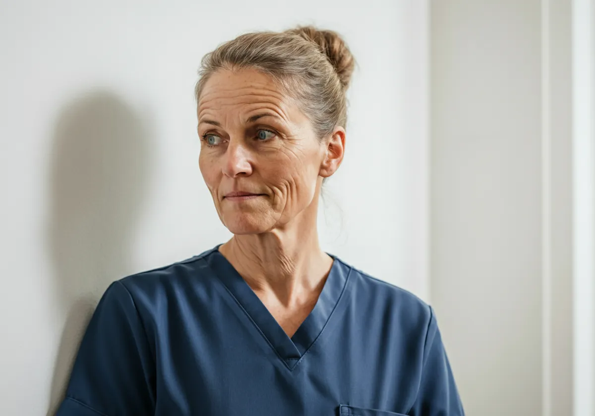 Middle-aged woman with light brown hair in a bun wearing navy blue scrubs looking to the side against a plain light background.