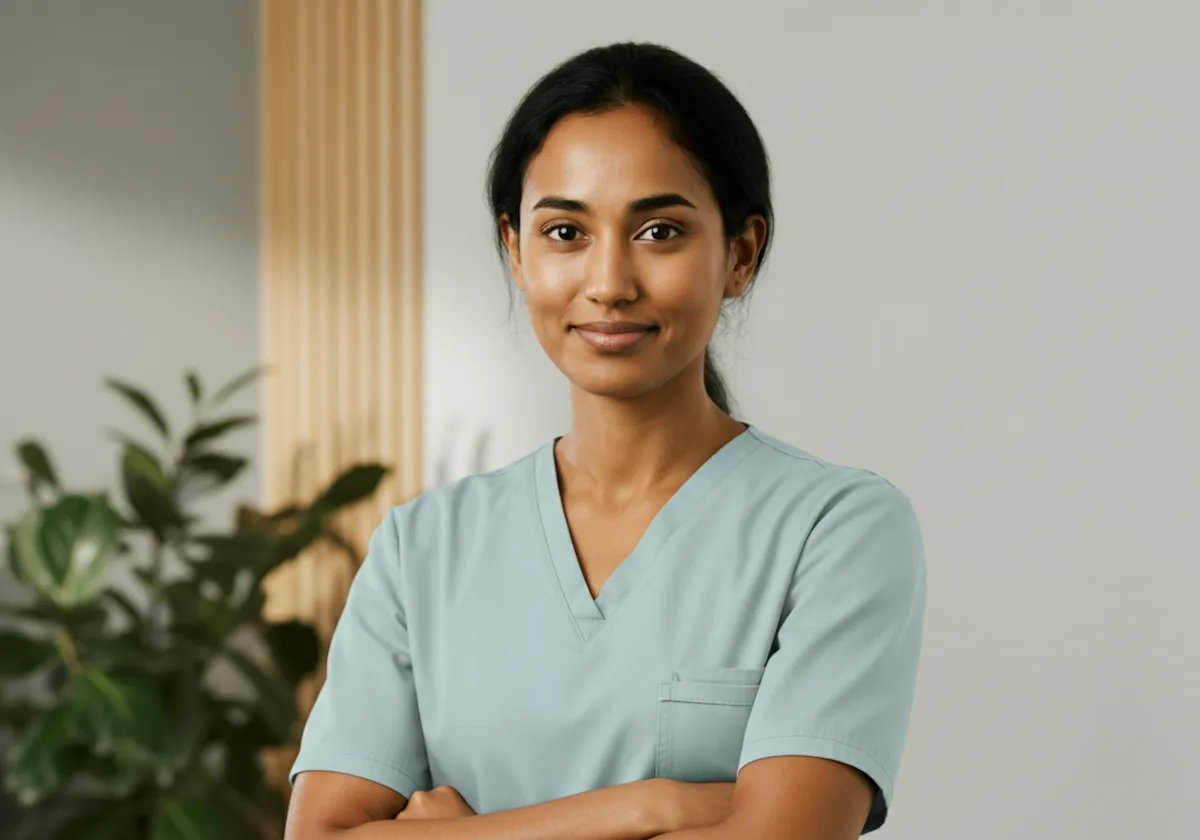 Confident female medical worker in light blue scrubs standing with arms crossed indoors.