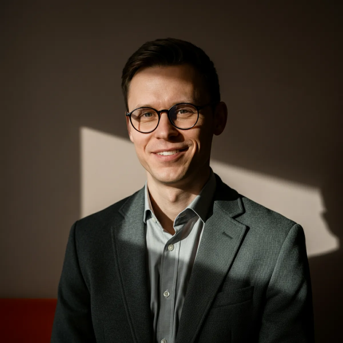 Smiling man with glasses wearing a gray suit jacket and light gray shirt, lit by sunlight against a dark background.