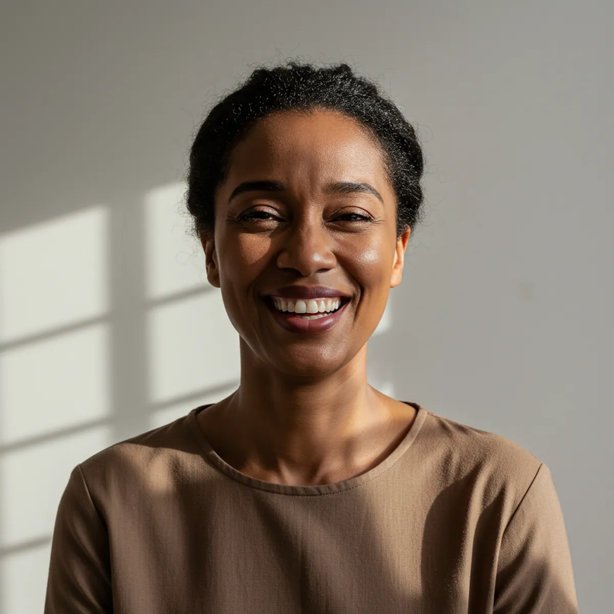 Smiling woman with dark curly hair wearing a brown top, lit by sunlight casting window shadows on a gray wall behind her.
