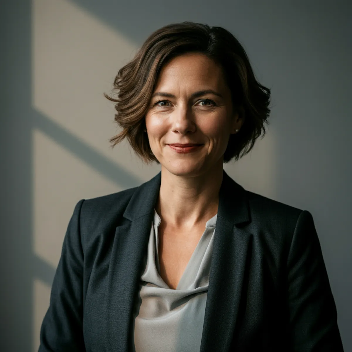 Confident woman with short brown hair wearing a dark blazer and light blouse standing against a softly lit gray background.