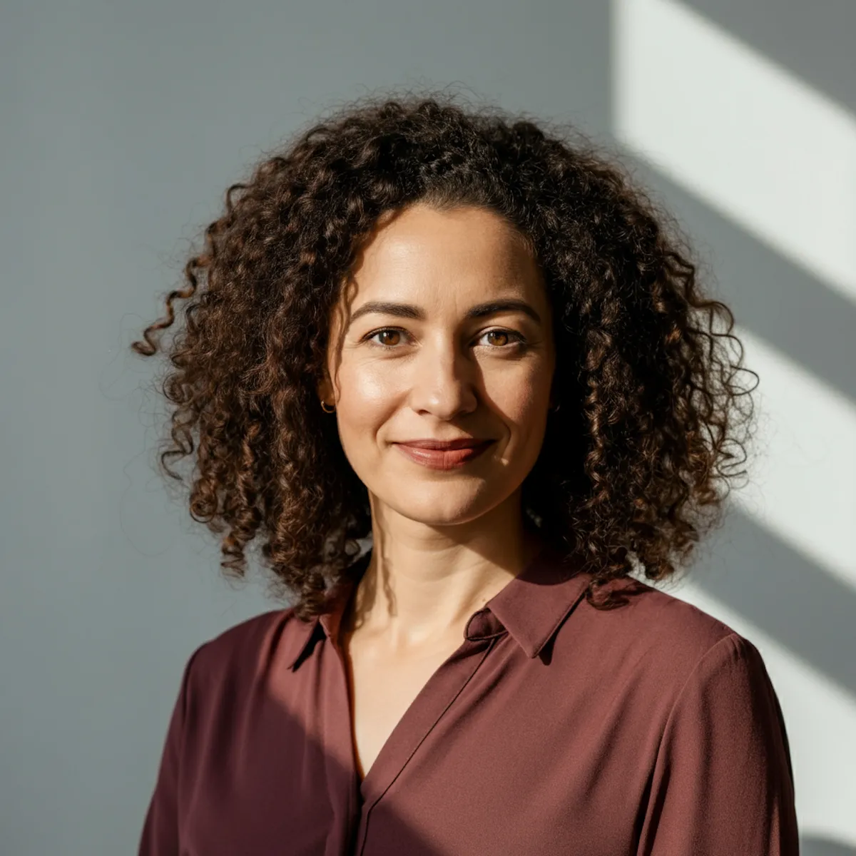 Smiling woman with curly dark hair wearing a maroon shirt against a gray background with light shadows.