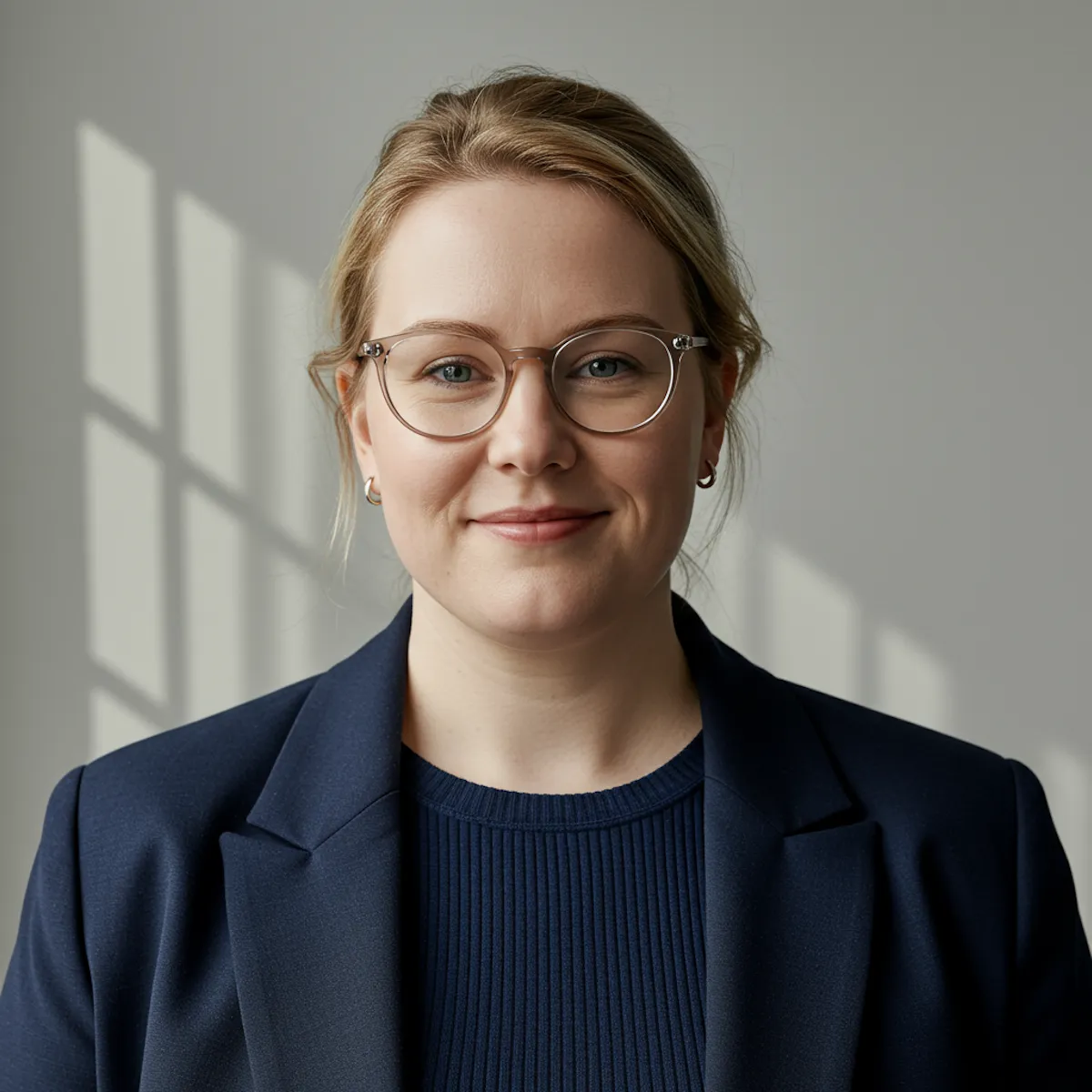 Smiling woman with blonde hair, wearing clear round glasses, a navy blue ribbed sweater, and a navy blazer, standing against a light grey background with window shadows.
