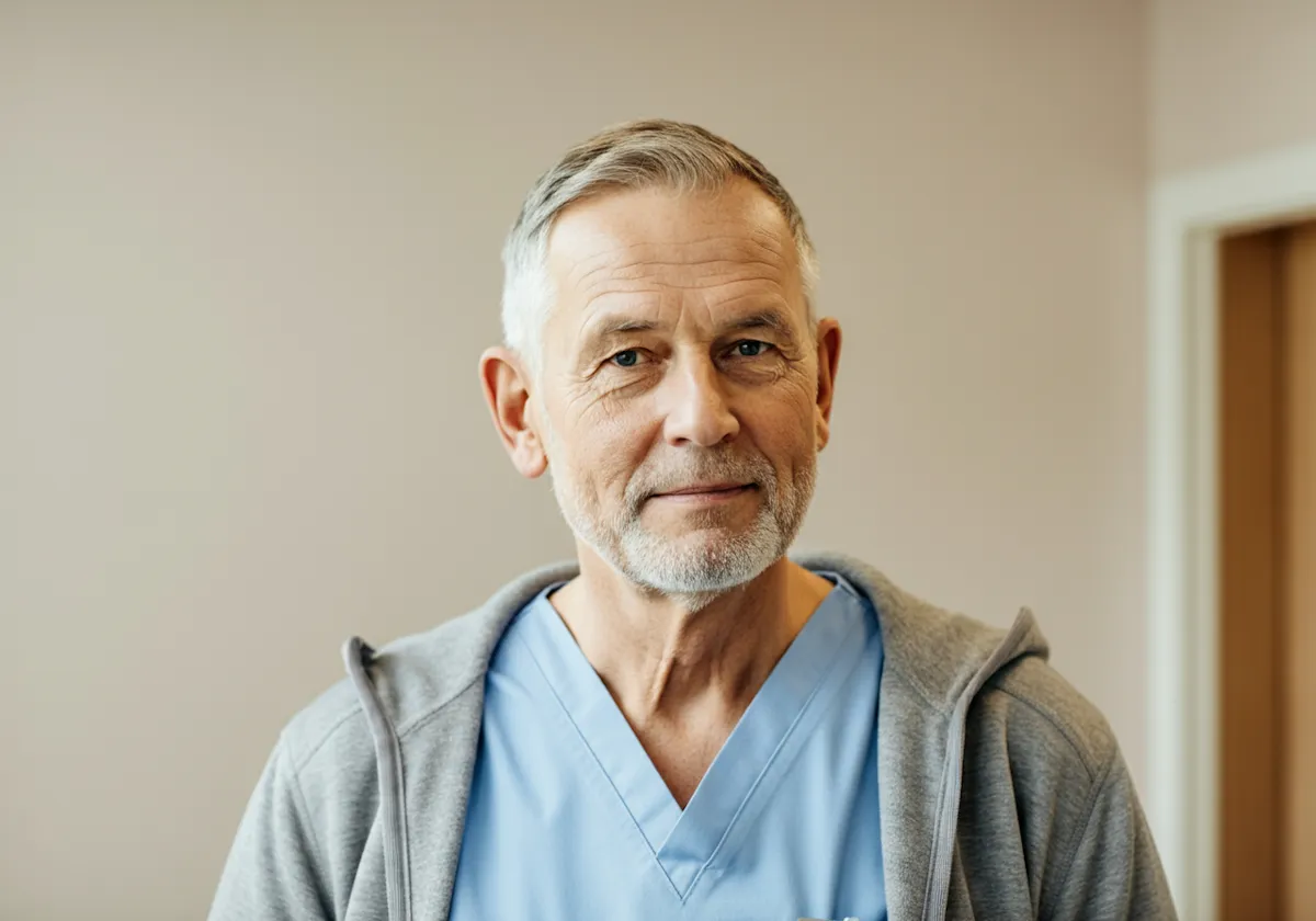 Portrait of a mature male healthcare professional wearing blue scrubs and a gray hoodie.