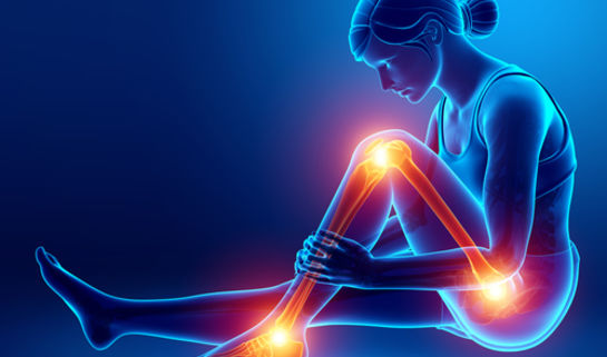 Illustration of a seated woman with glowing highlights at her knee, hip, and ankle joints.