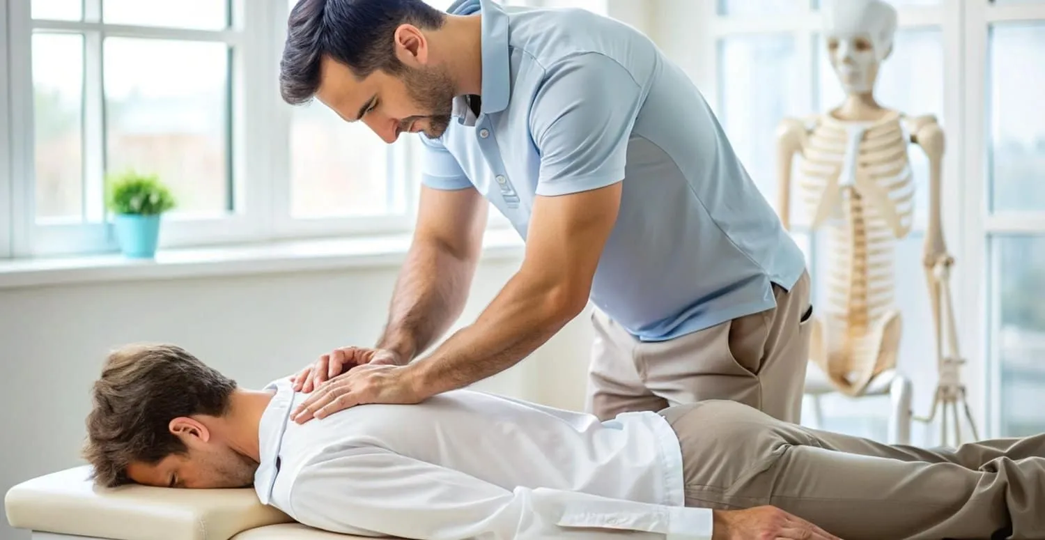 Practitioner places his hands on a patient's back as the patient lies face down on a treatment table.