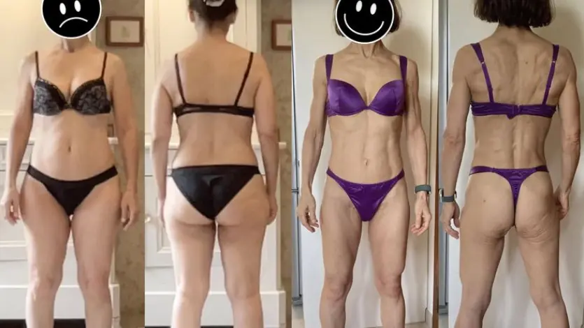 Before-and-after photos of a client, Nathalie, who reshaped her body at age 57 by increasing her metabolism.