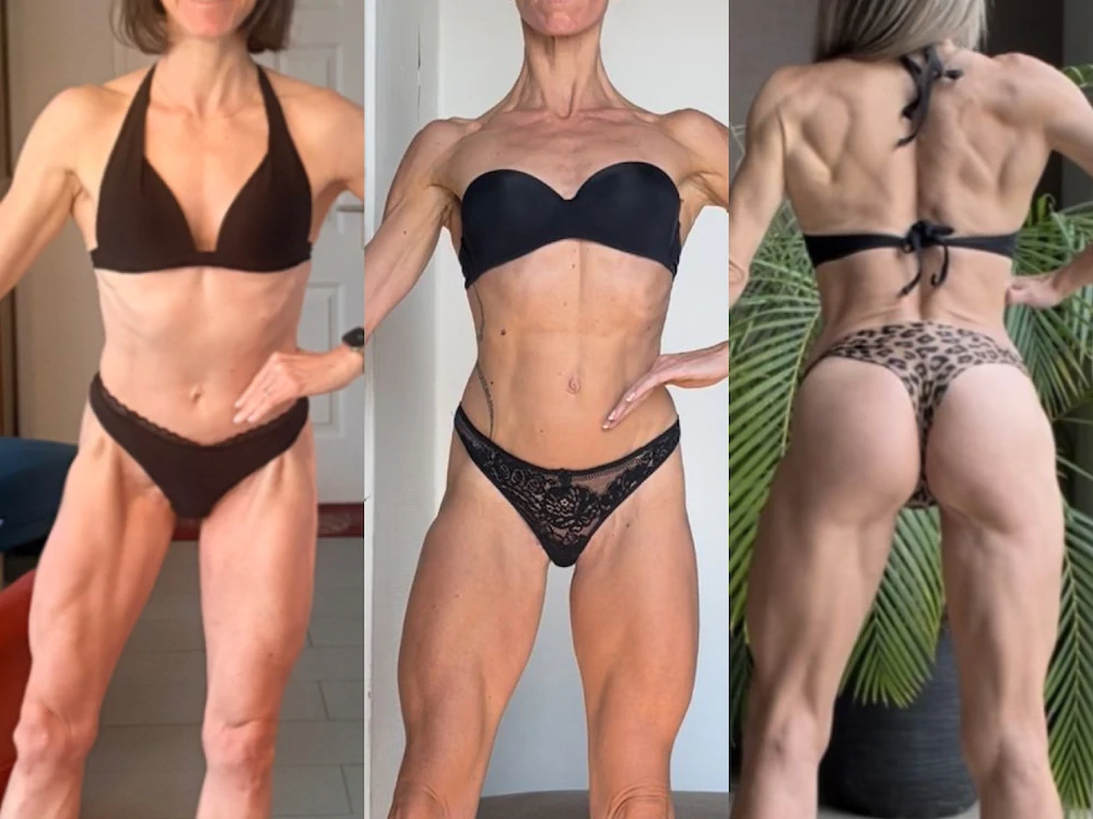 Three photos of women with a low body fat percentage, for whom reducing water retention could be relevant in contest prep.