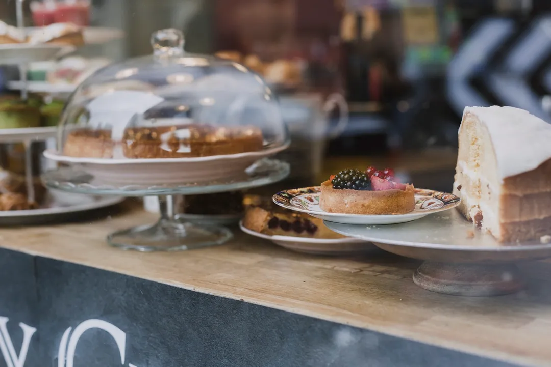 Diet pastries displayed in a shop window