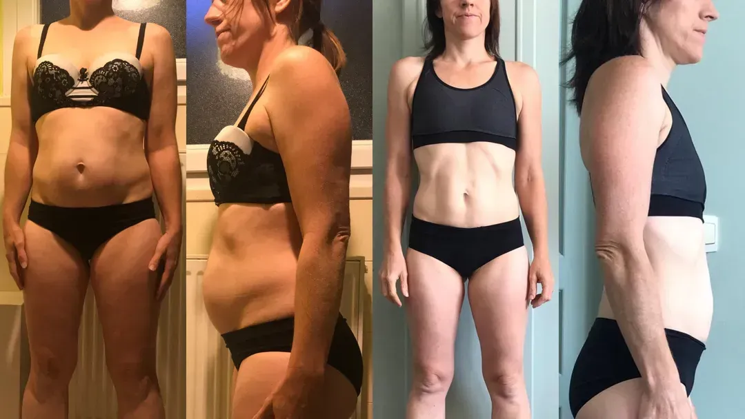 Transformation d'une femme skinny fat qui a perdu près de 6 kg de graisse et tonifié son corps. Elle a un ventre plat et un corps dessiné.