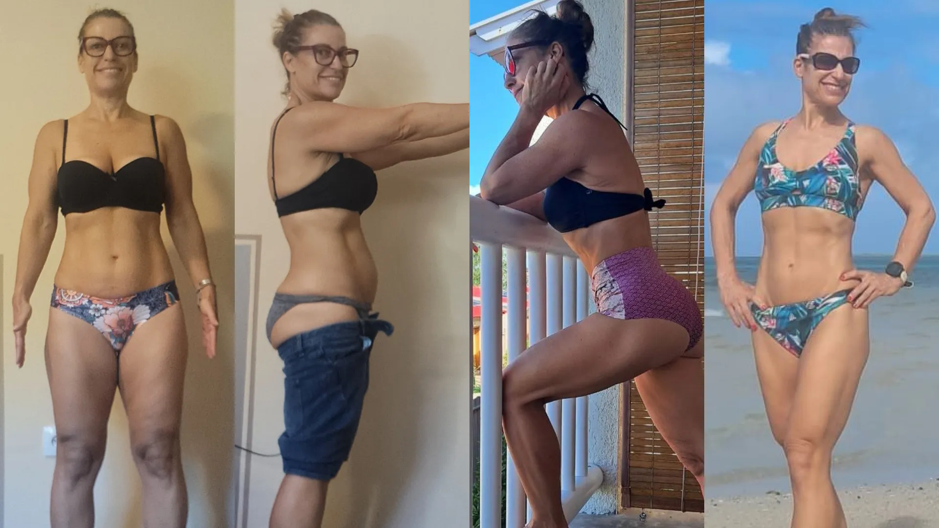 Before/after of a woman who built muscle at 50 by exercising.