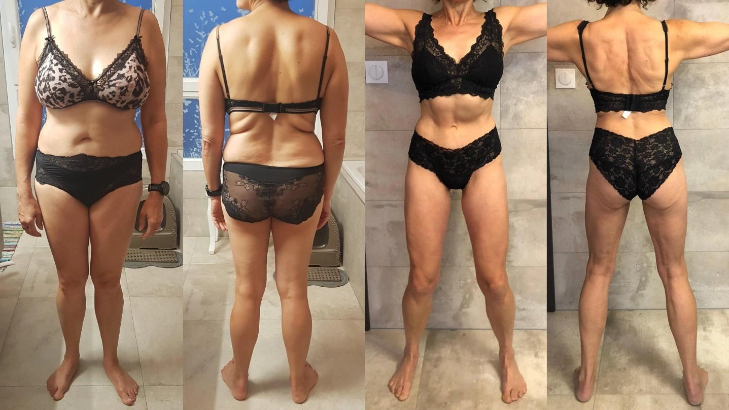 Before-and-after photos of a 55-year-old woman who successfully transformed her body by losing 6 kilos and achieving a slimmer, more sculpted silhouette in 5 months.