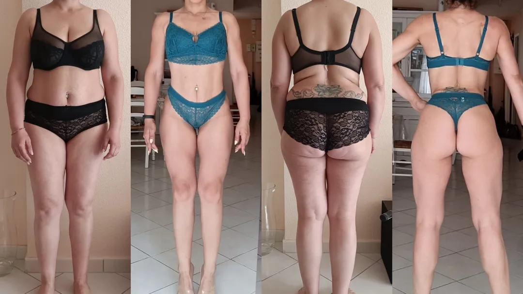 Before-and-after photo of Melissa's saddlebags, which she lost thanks to sports and strength training