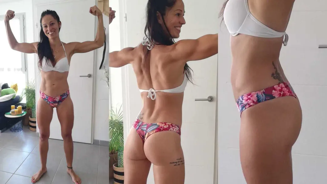 Laure victorieuse après son coaching, elle a réussi à perdre du gras et se muscler en même temps