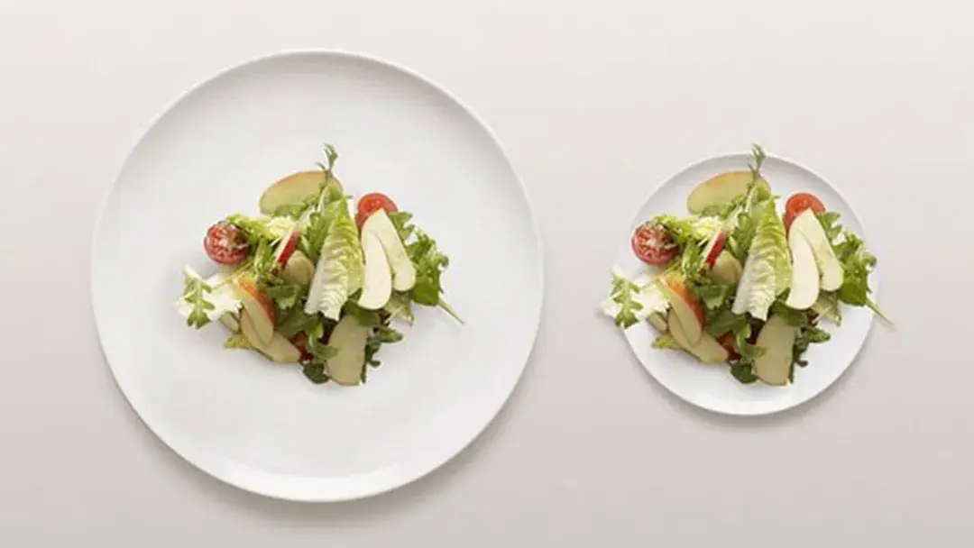 Two plates of salad, a large plate with little food on the left and a smaller one on the right with the same amount of food. The latter looks fuller.