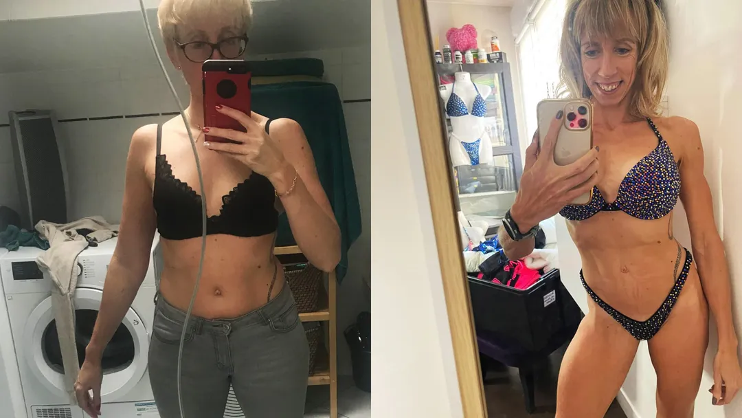 Photo of a 40-year-old woman with a toned, sculpted bikini-fitness-type body