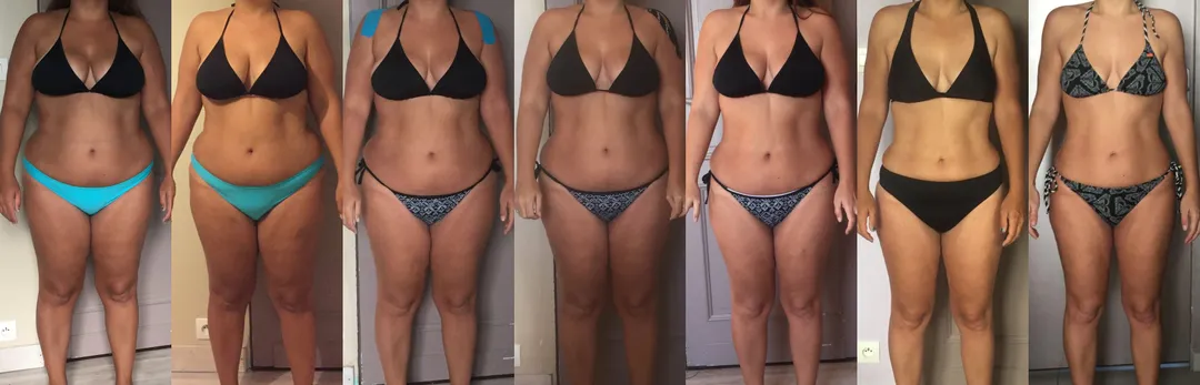 Before-and-after photo showing the loss of love handles in a woman in her 40s.