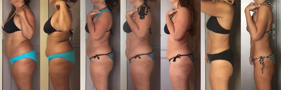 Before-and-after photo of visceral fat loss in a woman in her 40s. She achieves a flat, toned stomach.