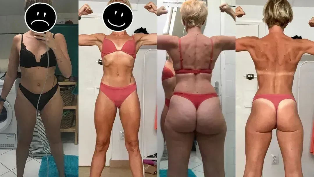 Before-and-after photo of the toned body of a woman who built her body during menopause.
