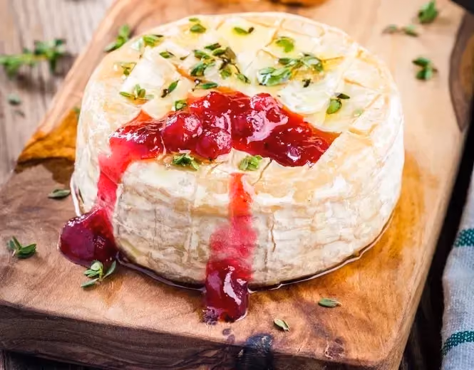 Sur une planche à découper en bois, se trouve le camembert rôti. De la confiture de fraise est déposée sur le dessus, ainsi que du thym.