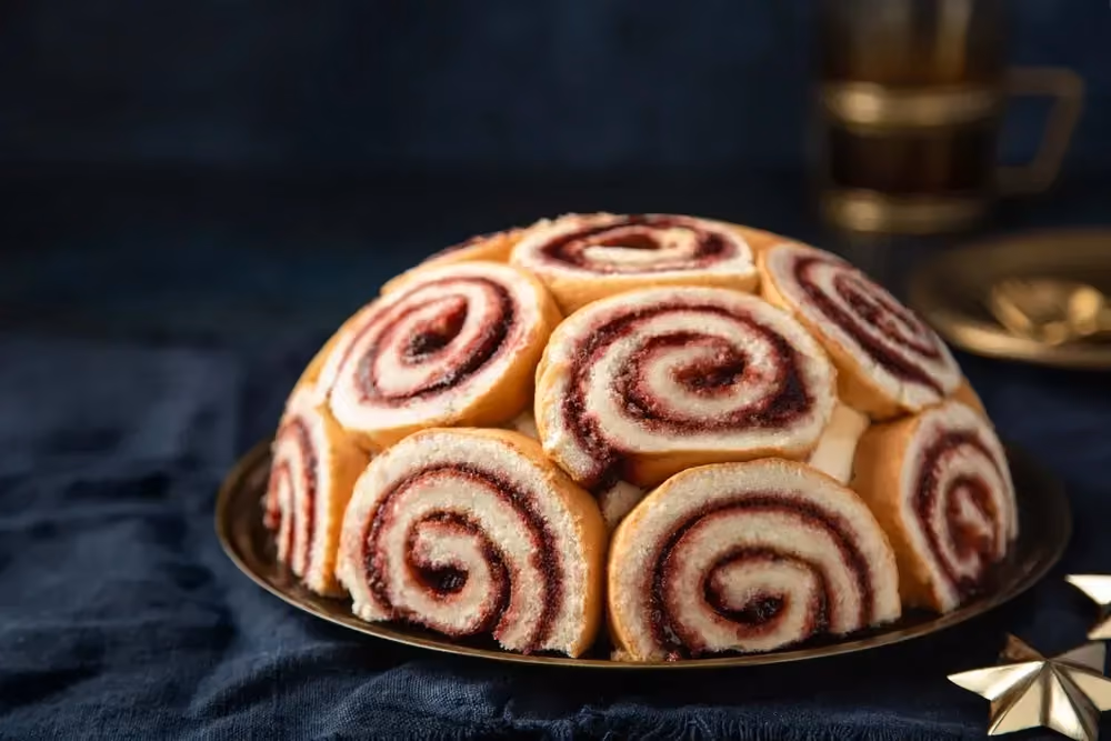 Placed on a brown plate, the raspberry charlotte royale is cut to look like an upside-down bowl.