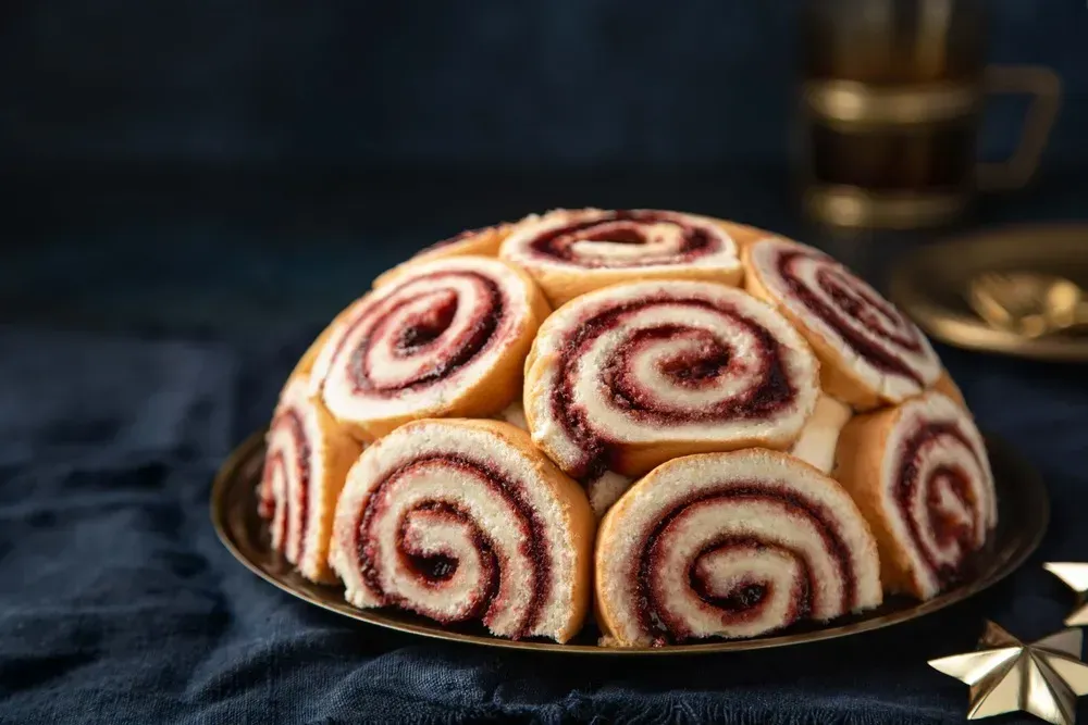 Placed on a brown plate, the raspberry charlotte royale is cut to look like an upside-down bowl.