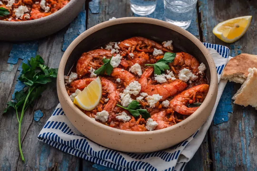Bright red shrimp are served in a large round earthenware dish. Parsley and a wedge of yellow lemon complete the presentation.