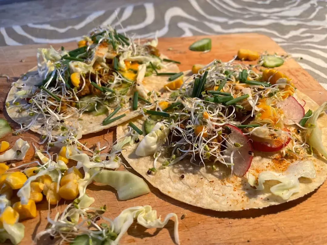 Two open tacos are filled with various ingredients, including large chunks of cucumber and tofu.