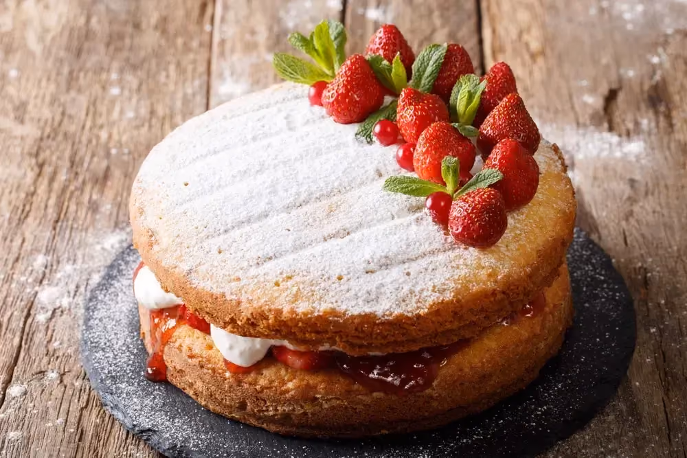 Placed on a rustic wooden table, the fraisier sits on a shallow platter. The sponge cake is cut in half, and the strawberries are in the middle.
