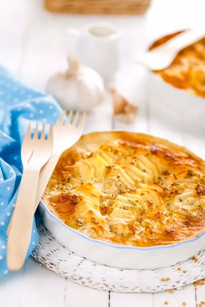 The gratin is presented in a white round baking dish. The sliced potatoes and generous pieces of cod are clearly visible.