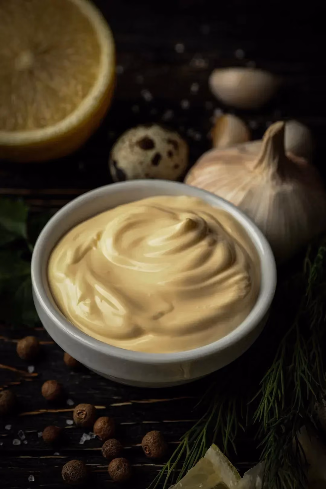 A small earthenware ramekin contains the homemade oil-free mayonnaise. Next to it are garlic and half a yellow lemon.