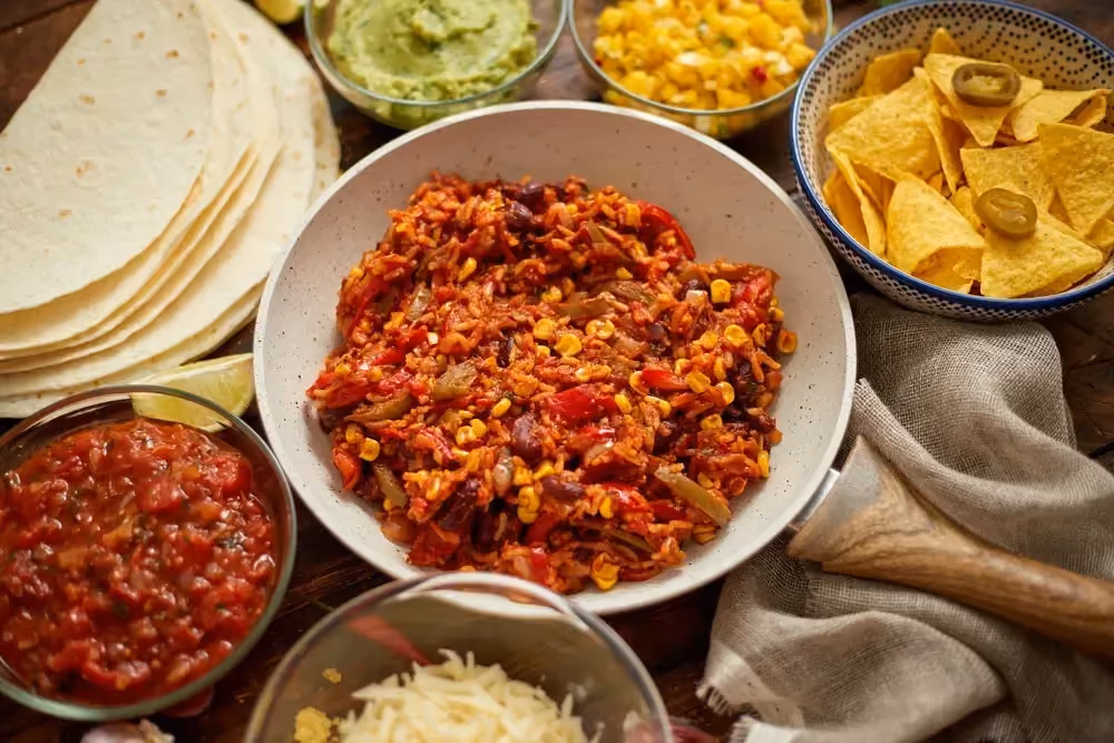 On a table is a large bowl containing the Mexican one-pot rice and beef. Corn tortillas are also present.