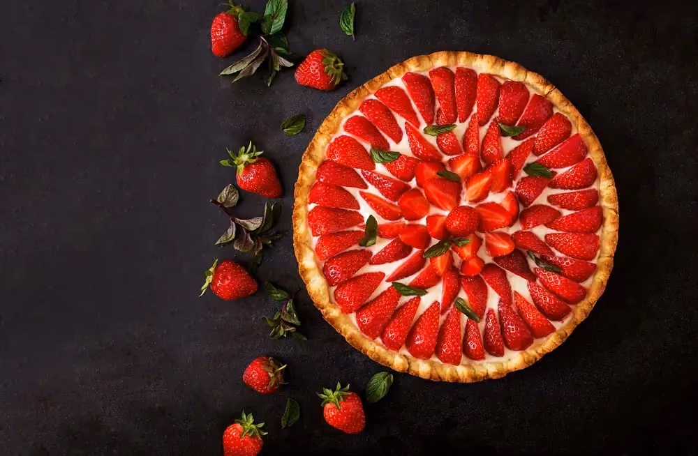 Quel plaisir de voir cette belle tarte aux fraises ! Des fraises entières se trouvent à côté de la tarte.