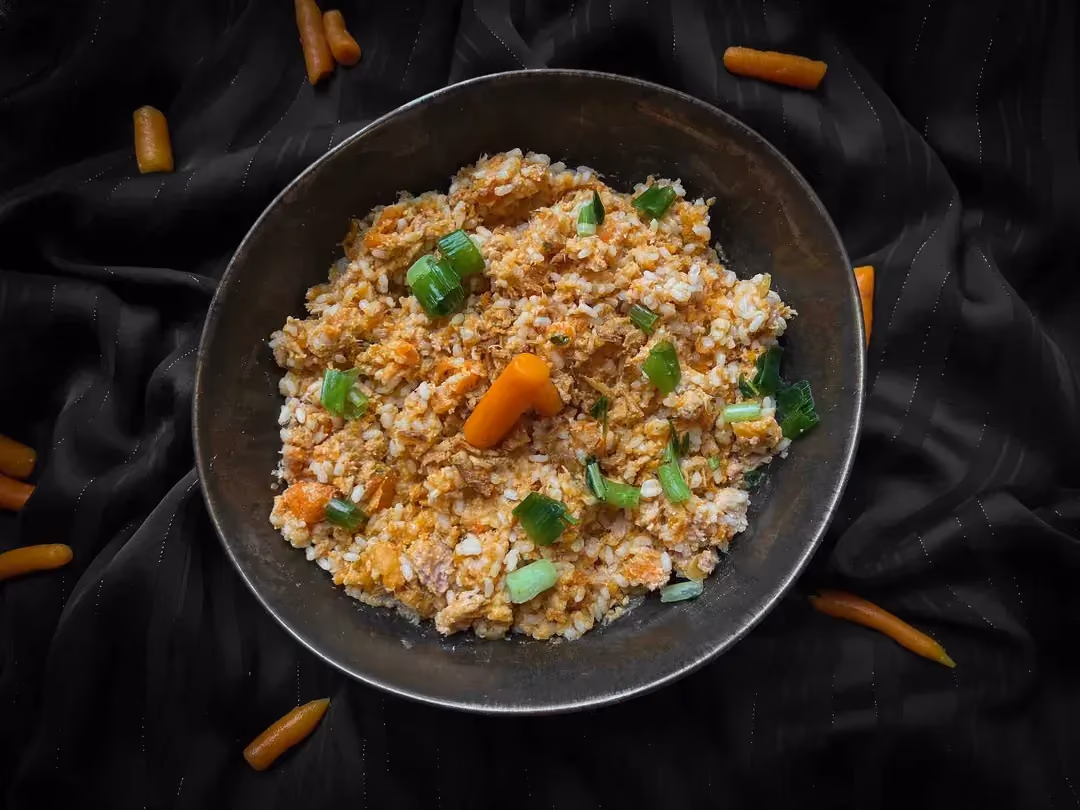 The tuna, rice, and carrots recipe with Tikka masala sauce is presented in a small blue bowl.